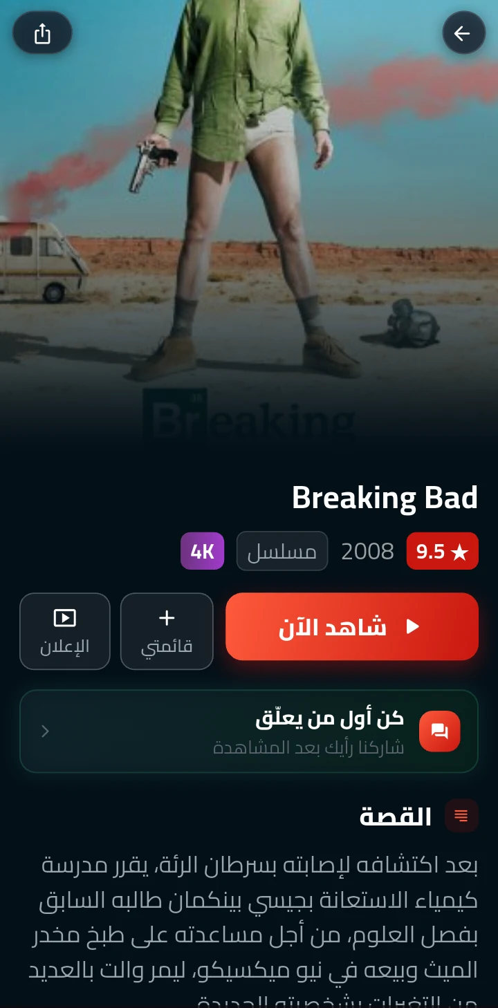 صفحة مسلسل قبل النزول إلى قسم الحلقات؛ نوع العمل ظاهر بجوار السنة.