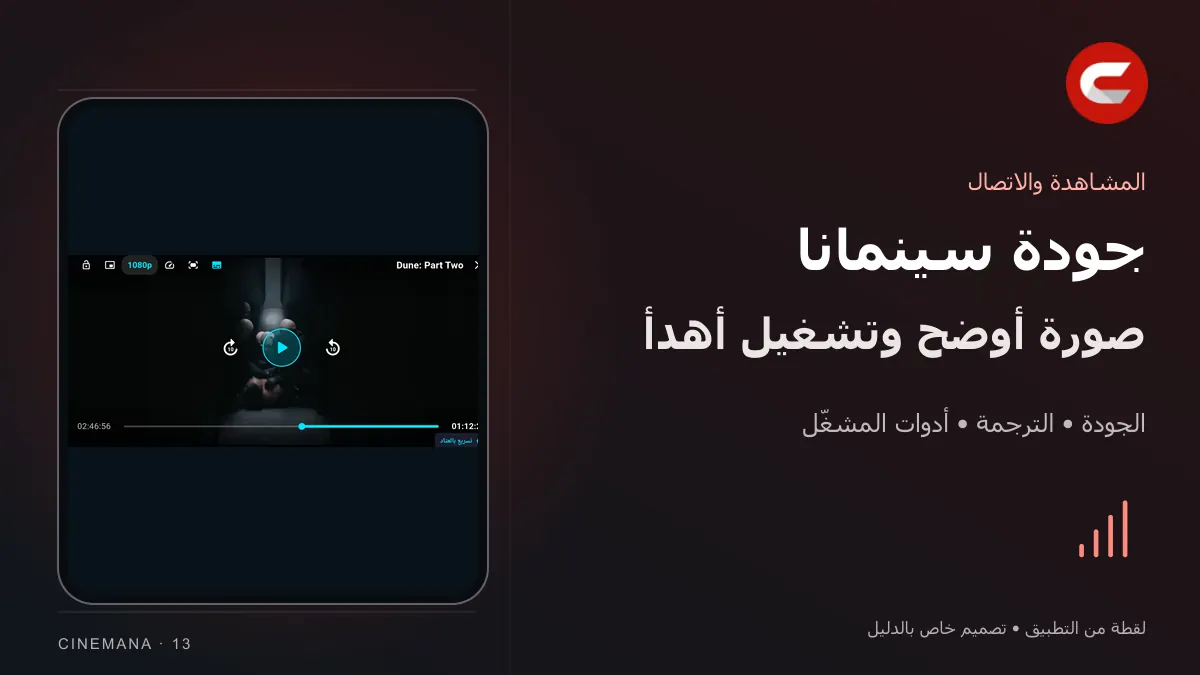 الجودة والترجمة والمشغّل: تصميم خاص بالدليل مع شعار سينمانا ولقطة من التطبيق